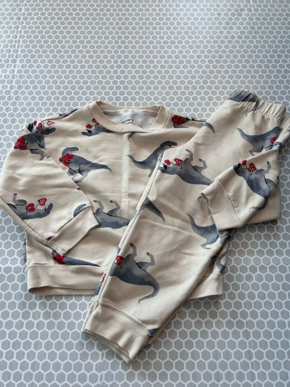 Carter's Cream Sweatshirt with Gray and Red Dinosaur’s Set. Size 3T